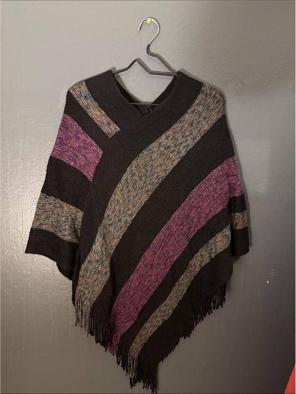 Unbranded Women's Black and Purple Striped Poncho Sweater Pullover